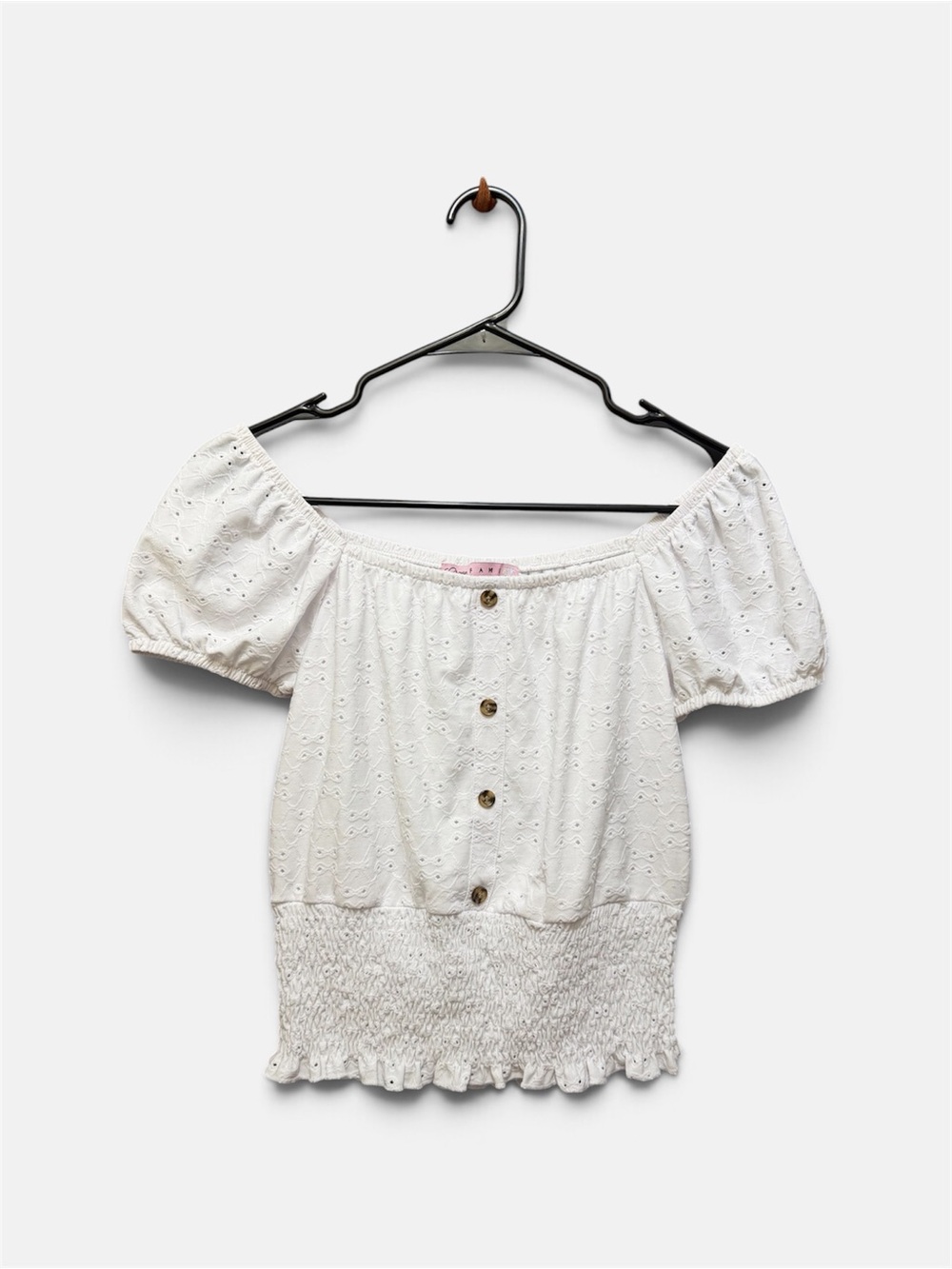 Crave Fame White Off-Shoulder Eyelet Crop Top